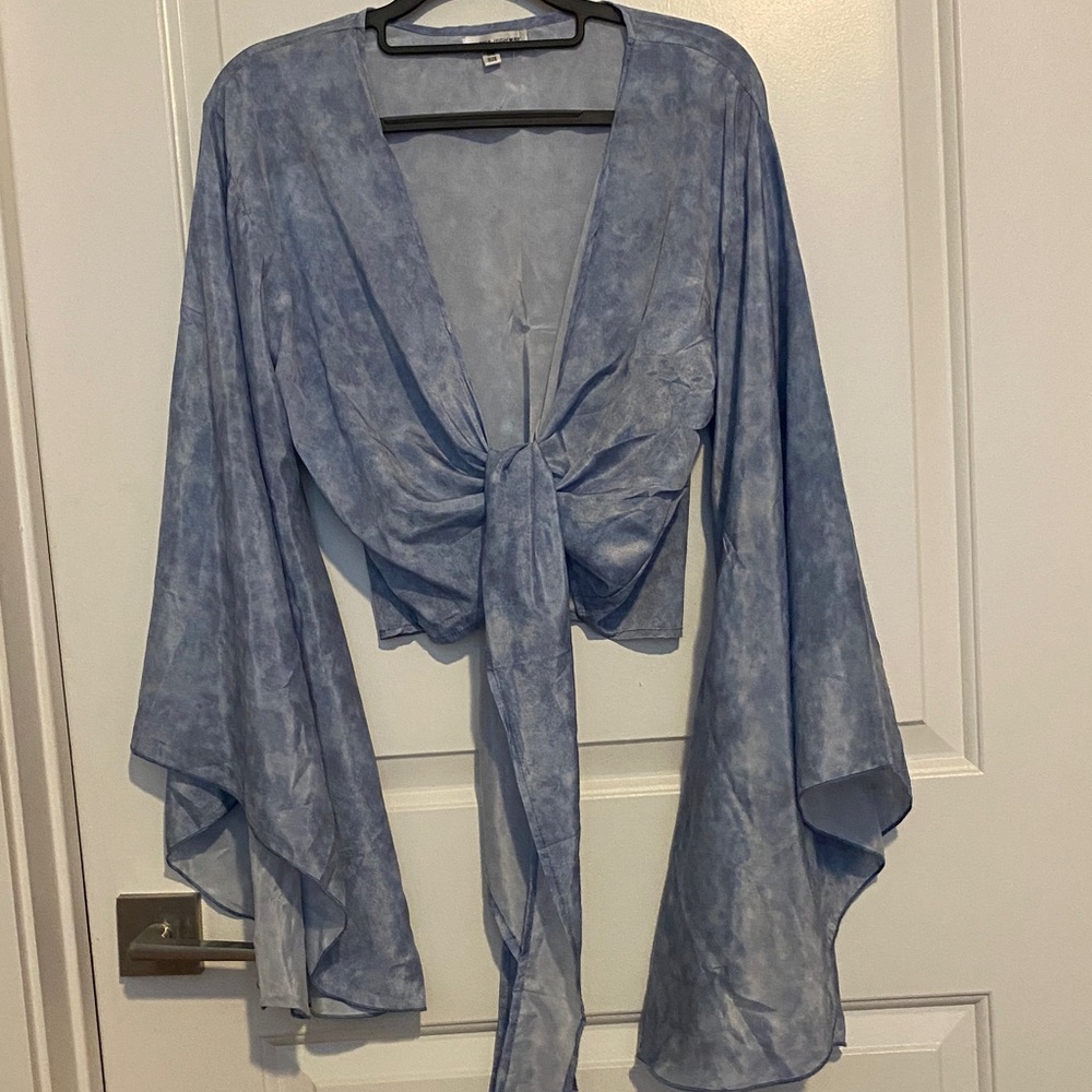 Light Blue Tie-Front Bell Sleeve Top - Women